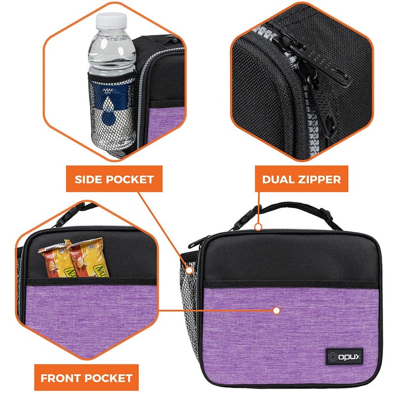 opux Insulated Lunch Bag Kids, Lunch Box for School Boy Girl, Leakproof Small Reusable Compact Soft Mini Cooler Bag, Toddler Small Lunch Boxes Kit Pail with Front Side Pockets (Purple) - Image 4
